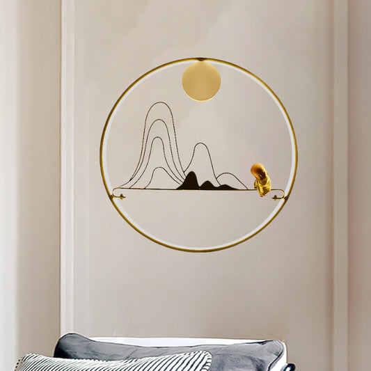 Mountain and Monk Mural Wall Lamp Creative Chinese Style Fabric Gold LED Sconce Light Clearhalo 'Wall Lamps & Sconces' 'Wall Lights' Lighting' 1046983