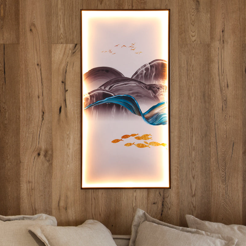 Rectangular Wall Mural Light Asia Fabric Tearoom LED Sconce with Fish/Elk Pattern, Blue Clearhalo 'Wall Lamps & Sconces' 'Wall Lights' Lighting' 1047005