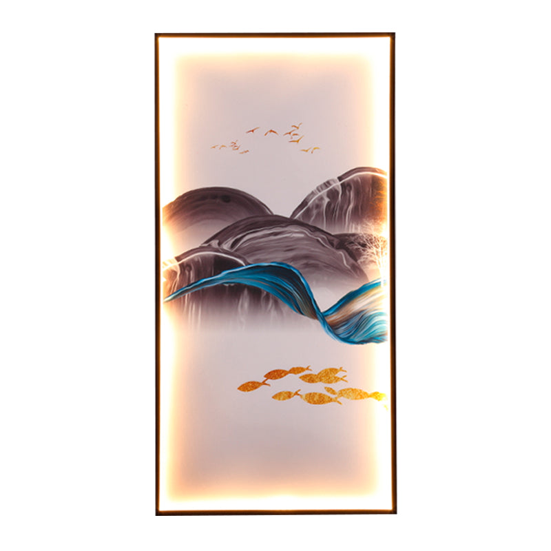 Rectangular Wall Mural Light Asia Fabric Tearoom LED Sconce with Fish/Elk Pattern, Blue Clearhalo 'Wall Lamps & Sconces' 'Wall Lights' Lighting' 1047006