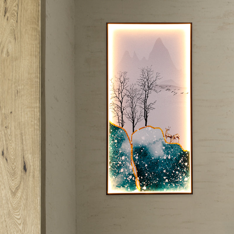 Rectangular Wall Mural Light Asia Fabric Tearoom LED Sconce with Fish/Elk Pattern, Blue Clearhalo 'Wall Lamps & Sconces' 'Wall Lights' Lighting' 1047009