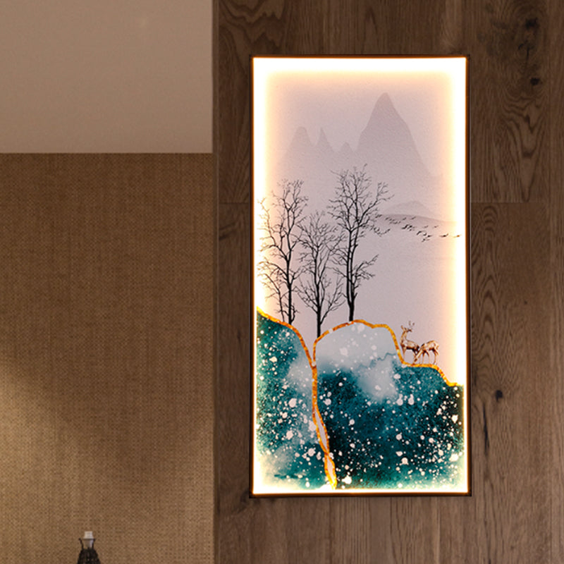 Rectangular Wall Mural Light Asia Fabric Tearoom LED Sconce with Fish/Elk Pattern, Blue Clearhalo 'Wall Lamps & Sconces' 'Wall Lights' Lighting' 1047010