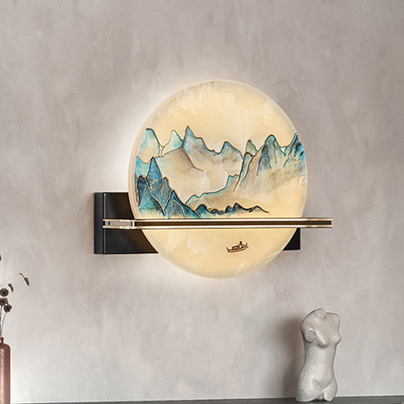 Blue and White Hills Painting Mural Light Chinese Metal LED Flush Wall Sconce for Bedside Clearhalo 'Wall Lamps & Sconces' 'Wall Lights' Lighting' 1047014