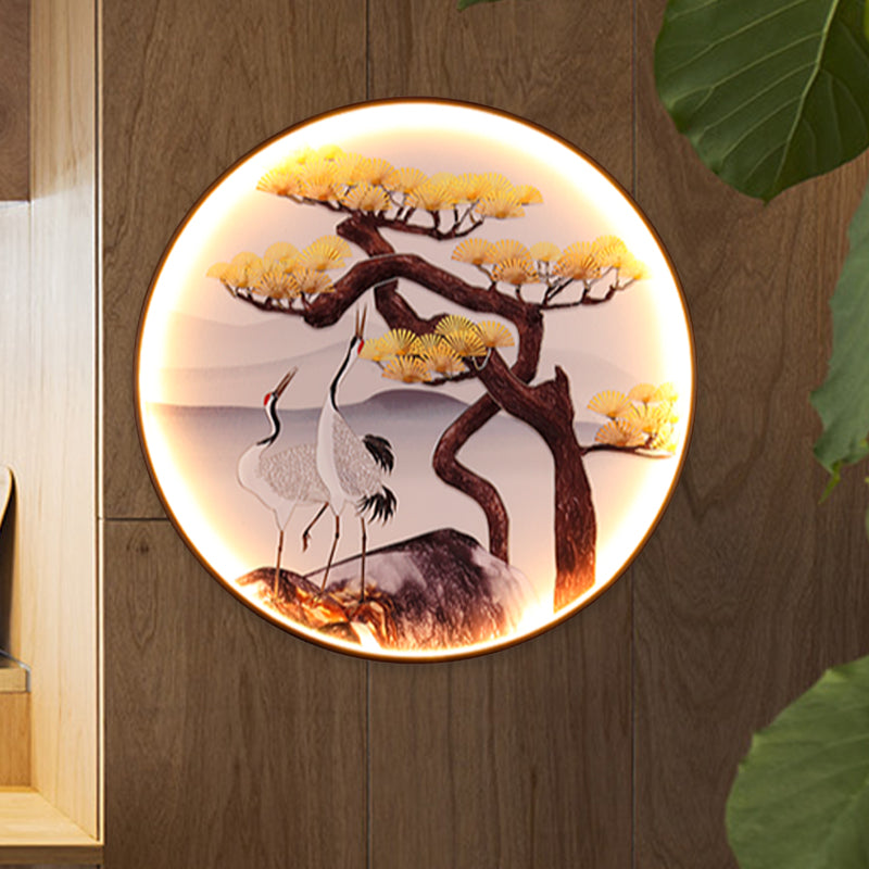 Asia LED Mural Light Black Halcyon and Pine Tree/Bird and Mountain Painting Wall Lighting Ideas with Fabric Shade Clearhalo 'Wall Lamps & Sconces' 'Wall Lights' Lighting' 1047027