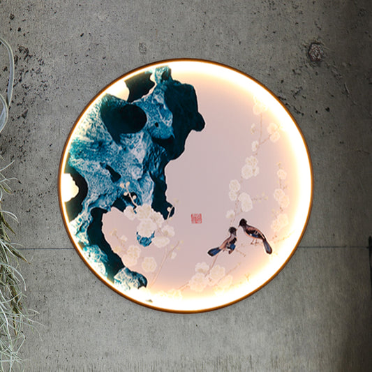 Asia LED Mural Light Black Halcyon and Pine Tree/Bird and Mountain Painting Wall Lighting Ideas with Fabric Shade Clearhalo 'Wall Lamps & Sconces' 'Wall Lights' Lighting' 1047031