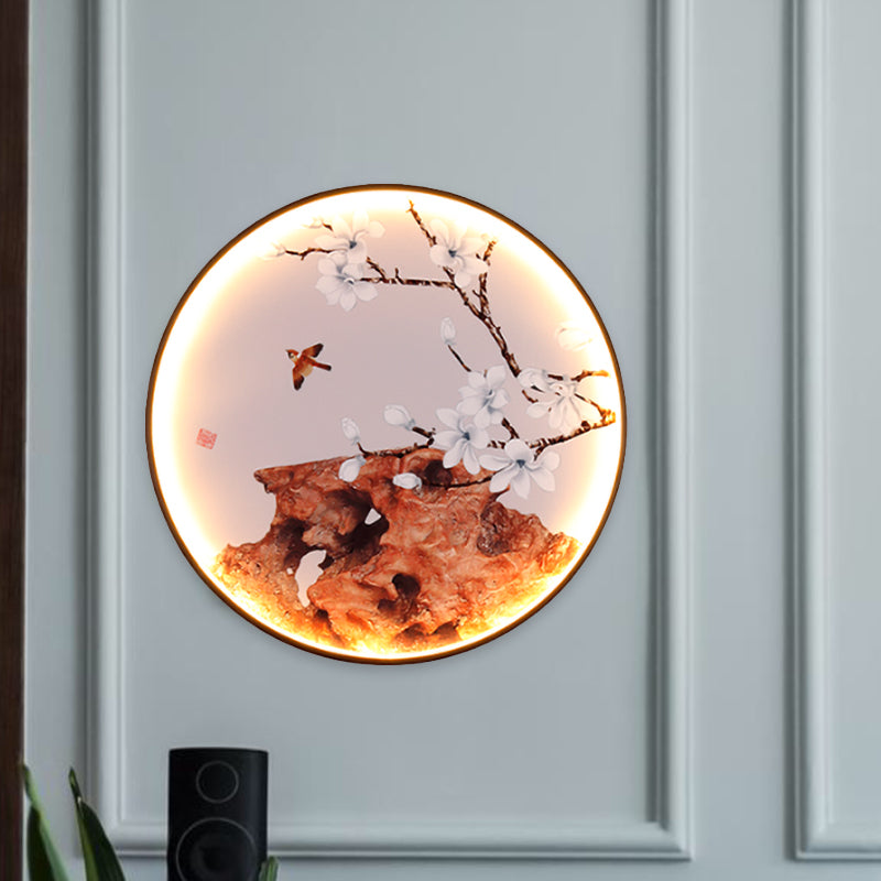 Elk/Bird Painting Wall Mural Lamp Asia Fabric Black LED Sconce Light Fixture for Tearoom Black Bird Clearhalo 'Wall Lamps & Sconces' 'Wall Lights' Lighting' 1047071