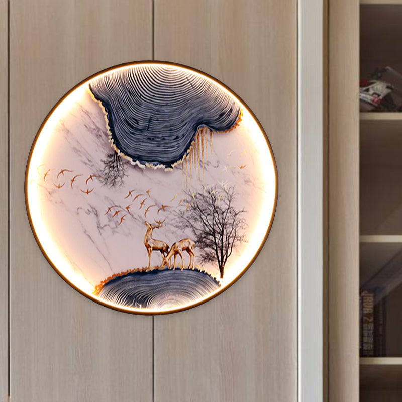 Elk/Bird Painting Wall Mural Lamp Asia Fabric Black LED Sconce Light Fixture for Tearoom Black Elk Clearhalo 'Wall Lamps & Sconces' 'Wall Lights' Lighting' 1047075