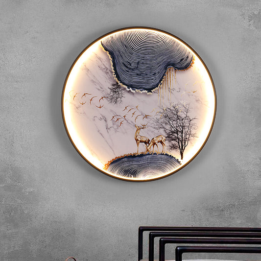 Elk/Bird Painting Wall Mural Lamp Asia Fabric Black LED Sconce Light Fixture for Tearoom Clearhalo 'Wall Lamps & Sconces' 'Wall Lights' Lighting' 1047076