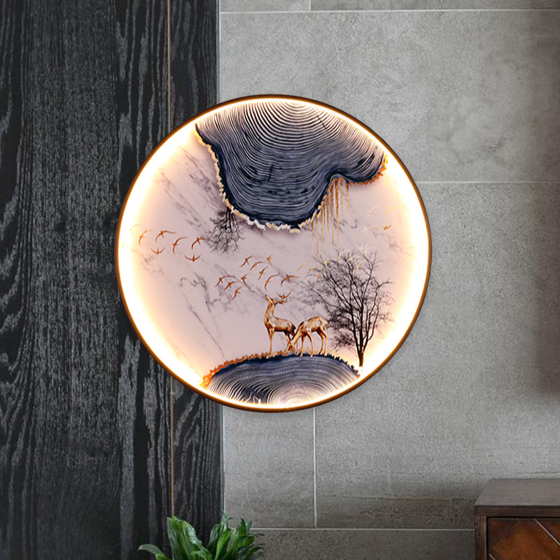 Elk/Bird Painting Wall Mural Lamp Asia Fabric Black LED Sconce Light Fixture for Tearoom Clearhalo 'Wall Lamps & Sconces' 'Wall Lights' Lighting' 1047077