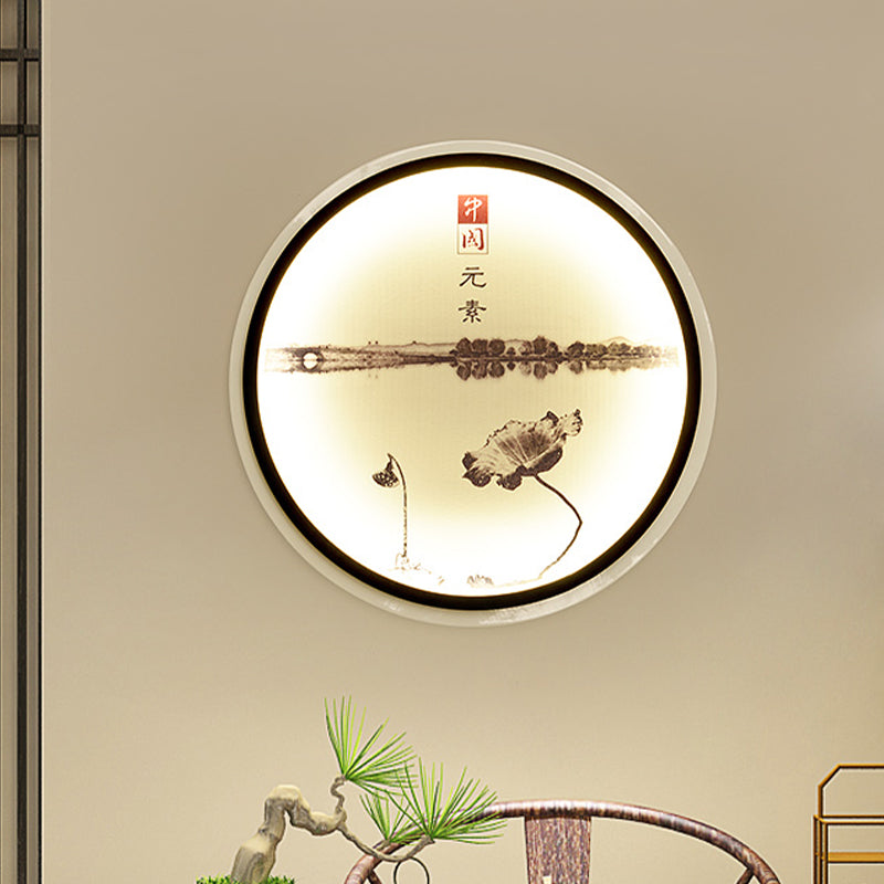 Lotus Lake Tearoom LED Wall Lamp Fabric Chinese Style Mural Sconce Lighting in Black Gold Clearhalo 'Wall Lamps & Sconces' 'Wall Lights' Lighting' 1047084