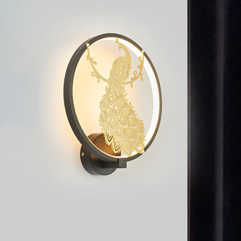 Contemporary Peacock Mural Wall Light Aluminum Living Room LED Hoop Sconce Lighting in Black and Gold Black-Gold Clearhalo 'Wall Lamps & Sconces' 'Wall Lights' Lighting' 1047131