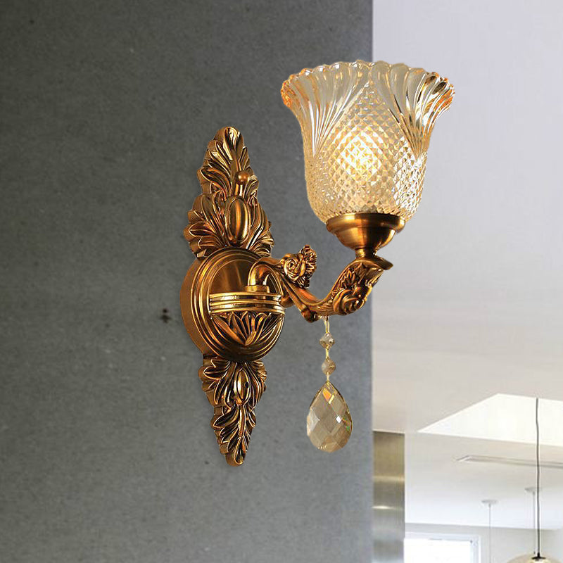 Lattice Glass Bell Wall Light Traditional 1/2-Head Living Room Sconce Lighting in Brass 1.0 Brass Clearhalo 'Wall Lamps & Sconces' 'Wall Lights' Lighting' 1047207