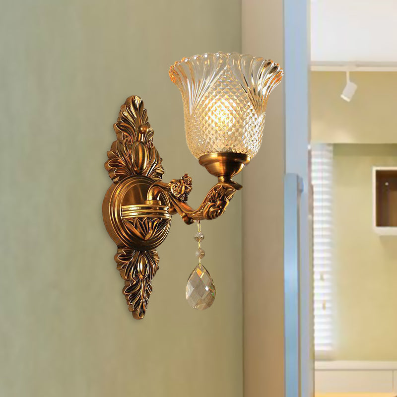 Lattice Glass Bell Wall Light Traditional 1/2-Head Living Room Sconce Lighting in Brass Clearhalo 'Wall Lamps & Sconces' 'Wall Lights' Lighting' 1047208