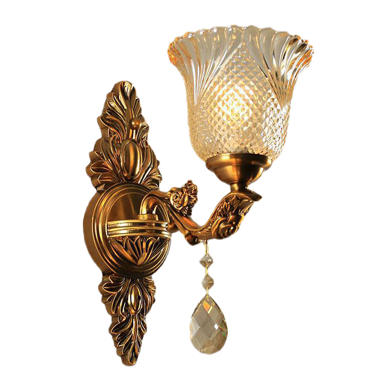 Lattice Glass Bell Wall Light Traditional 1/2-Head Living Room Sconce Lighting in Brass Clearhalo 'Wall Lamps & Sconces' 'Wall Lights' Lighting' 1047209