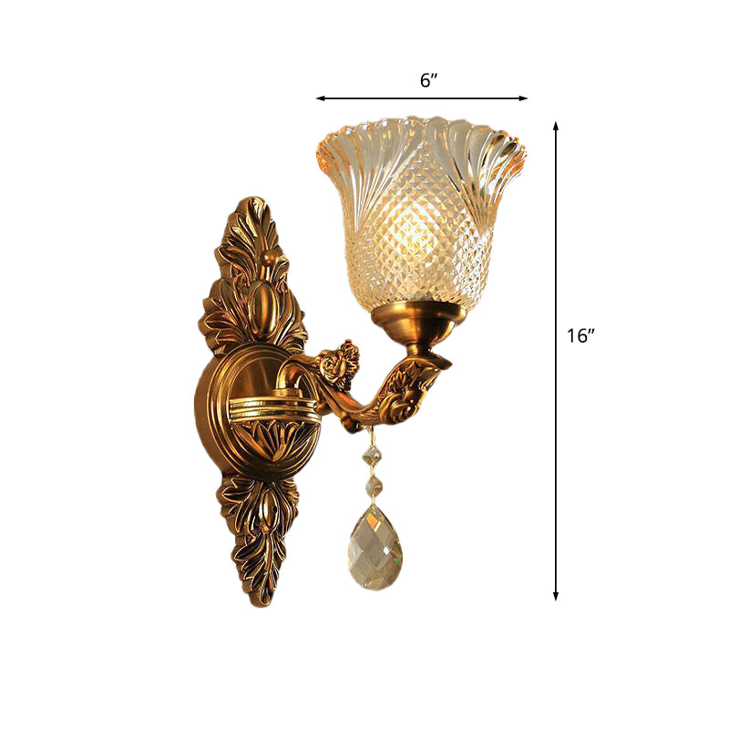 Lattice Glass Bell Wall Light Traditional 1/2-Head Living Room Sconce Lighting in Brass Clearhalo 'Wall Lamps & Sconces' 'Wall Lights' Lighting' 1047210