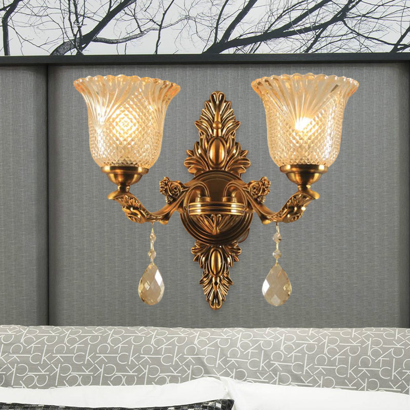 Lattice Glass Bell Wall Light Traditional 1/2-Head Living Room Sconce Lighting in Brass 2.0 Brass Clearhalo 'Wall Lamps & Sconces' 'Wall Lights' Lighting' 1047211