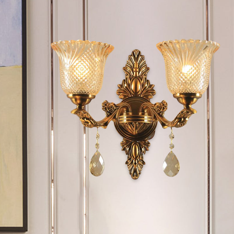 Lattice Glass Bell Wall Light Traditional 1/2-Head Living Room Sconce Lighting in Brass Clearhalo 'Wall Lamps & Sconces' 'Wall Lights' Lighting' 1047212