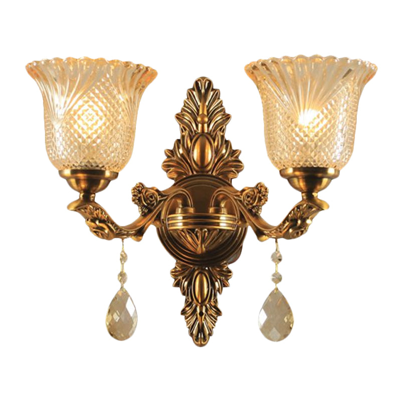 Lattice Glass Bell Wall Light Traditional 1/2-Head Living Room Sconce Lighting in Brass Clearhalo 'Wall Lamps & Sconces' 'Wall Lights' Lighting' 1047213