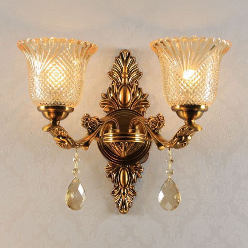 Lattice Glass Bell Wall Light Traditional 1/2-Head Living Room Sconce Lighting in Brass Clearhalo 'Wall Lamps & Sconces' 'Wall Lights' Lighting' 1047214