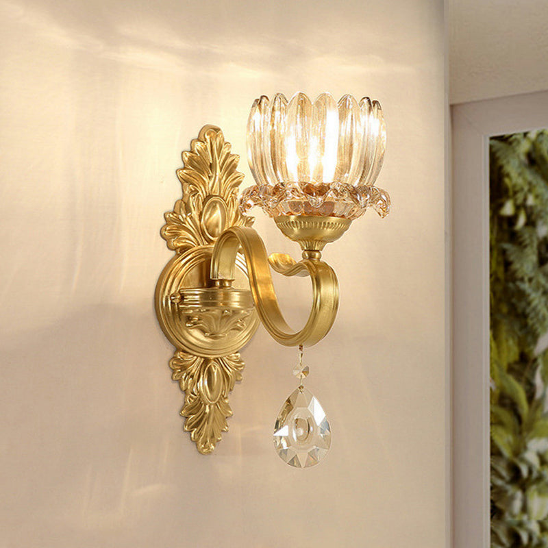 1-Bulb Lotus Wall Light Sconce Antique Brass Clear Glass Wall Mounted Lamp for Living Room Brass Clearhalo 'Wall Lamps & Sconces' 'Wall Lights' Lighting' 1047216