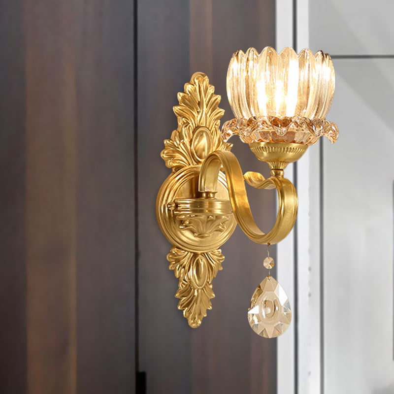 1-Bulb Lotus Wall Light Sconce Antique Brass Clear Glass Wall Mounted Lamp for Living Room Clearhalo 'Wall Lamps & Sconces' 'Wall Lights' Lighting' 1047217