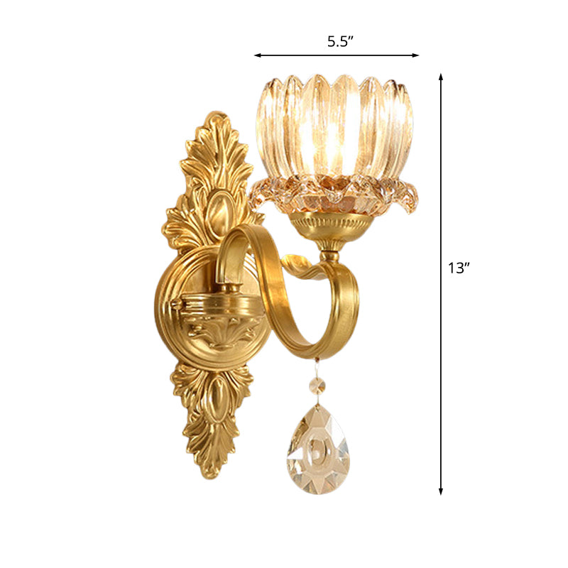 1-Bulb Lotus Wall Light Sconce Antique Brass Clear Glass Wall Mounted Lamp for Living Room Clearhalo 'Wall Lamps & Sconces' 'Wall Lights' Lighting' 1047219