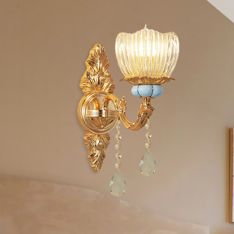 Single Ribbed Glass Wall Lamp Retro Gold Flower Bedroom Wall Mount Light Fixture Gold Clearhalo 'Wall Lamps & Sconces' 'Wall Lights' Lighting' 1047220