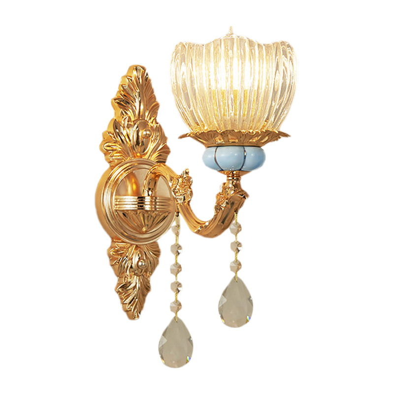 Single Ribbed Glass Wall Lamp Retro Gold Flower Bedroom Wall Mount Light Fixture Clearhalo 'Wall Lamps & Sconces' 'Wall Lights' Lighting' 1047222