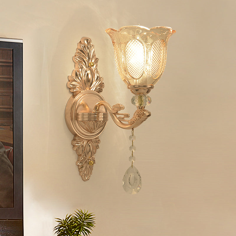 Gold 1/2-Light Wall Lighting Countryside Carved Glass Scalloped Sconce Light Fixture 1.0 Gold Clearhalo 'Wall Lamps & Sconces' 'Wall Lights' Lighting' 1047224