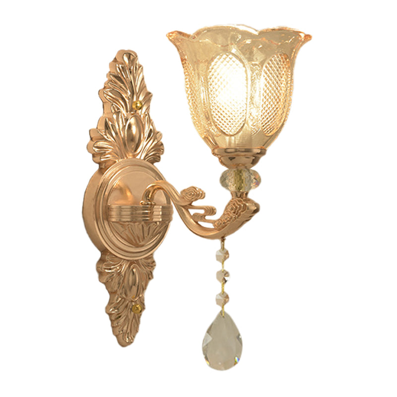 Gold 1/2-Light Wall Lighting Countryside Carved Glass Scalloped Sconce Light Fixture Clearhalo 'Wall Lamps & Sconces' 'Wall Lights' Lighting' 1047226