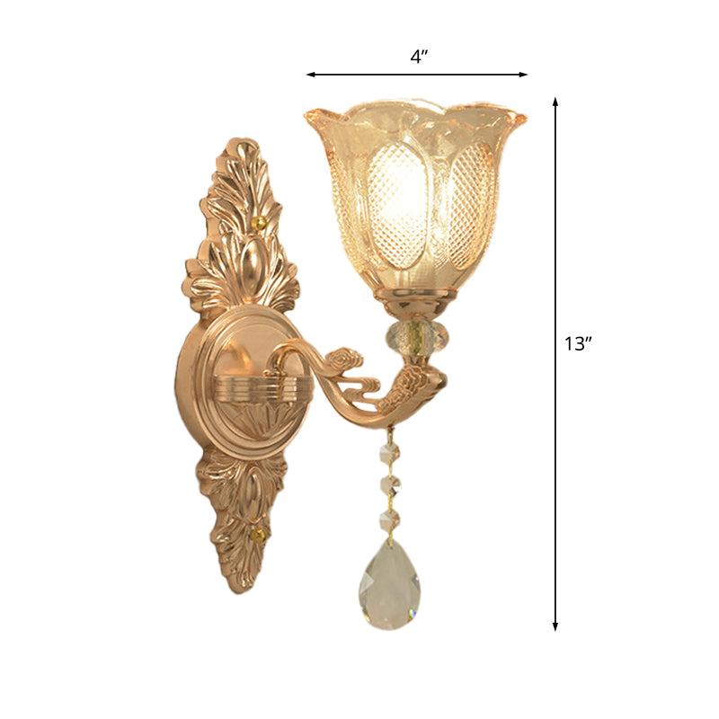 Gold 1/2-Light Wall Lighting Countryside Carved Glass Scalloped Sconce Light Fixture Clearhalo 'Wall Lamps & Sconces' 'Wall Lights' Lighting' 1047227