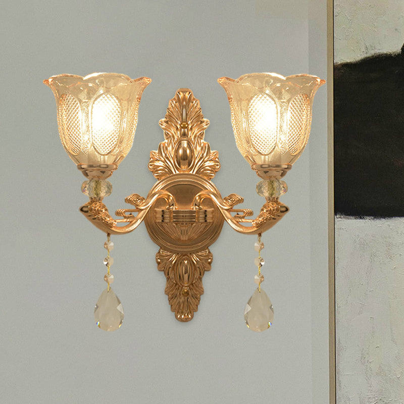 Gold 1/2-Light Wall Lighting Countryside Carved Glass Scalloped Sconce Light Fixture 2.0 Gold Clearhalo 'Wall Lamps & Sconces' 'Wall Lights' Lighting' 1047228