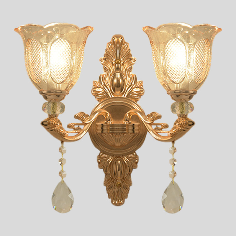 Gold 1/2-Light Wall Lighting Countryside Carved Glass Scalloped Sconce Light Fixture Clearhalo 'Wall Lamps & Sconces' 'Wall Lights' Lighting' 1047231