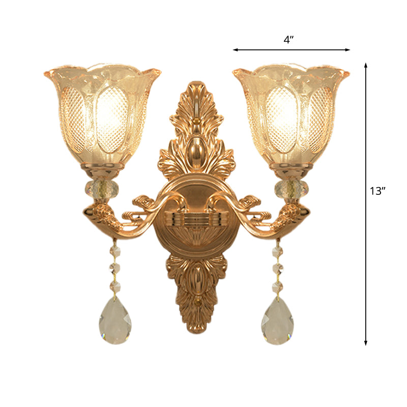 Gold 1/2-Light Wall Lighting Countryside Carved Glass Scalloped Sconce Light Fixture Clearhalo 'Wall Lamps & Sconces' 'Wall Lights' Lighting' 1047232