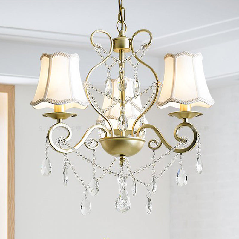 3 Heads Pendant Chandelier with Empire Shade Crystal Raindrop Retro Dining Room Suspended Lighting Fixture in Gold Clearhalo 'Ceiling Lights' 'Chandeliers' Lighting' options 1047313