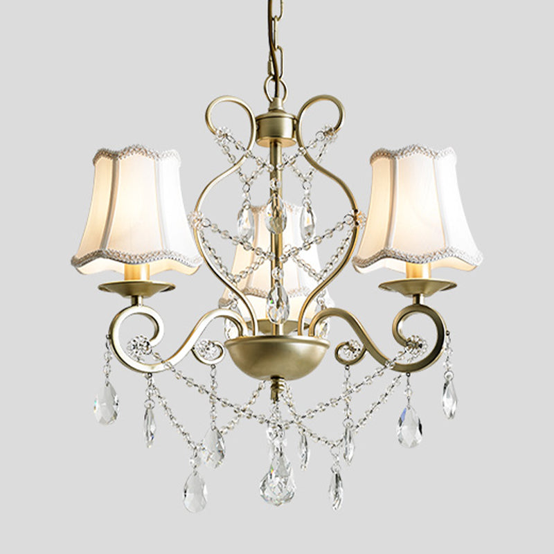 3 Heads Pendant Chandelier with Empire Shade Crystal Raindrop Retro Dining Room Suspended Lighting Fixture in Gold Clearhalo 'Ceiling Lights' 'Chandeliers' Lighting' options 1047315