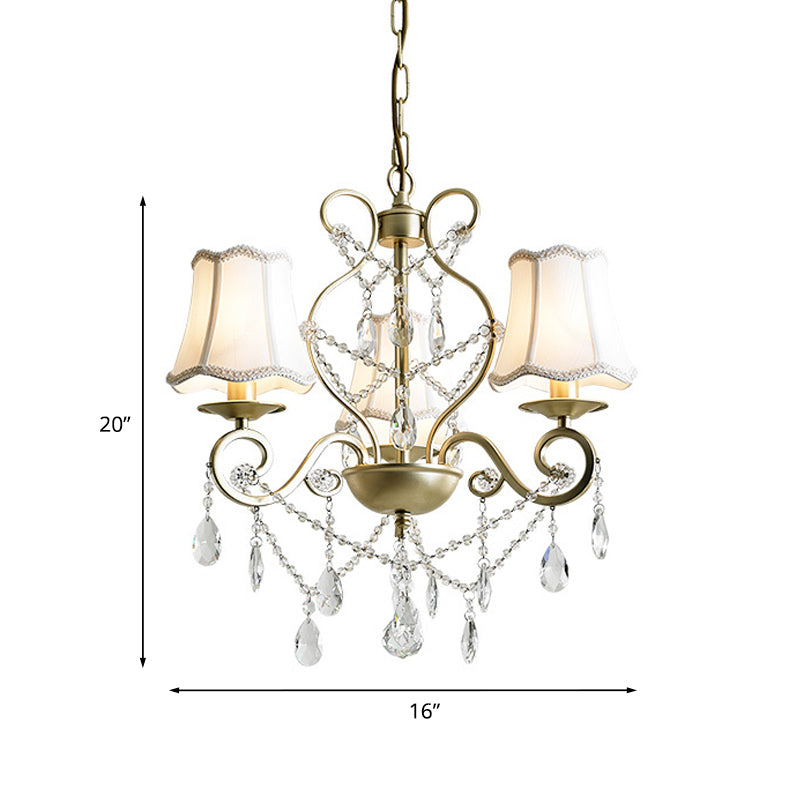 3 Heads Pendant Chandelier with Empire Shade Crystal Raindrop Retro Dining Room Suspended Lighting Fixture in Gold Clearhalo 'Ceiling Lights' 'Chandeliers' Lighting' options 1047316