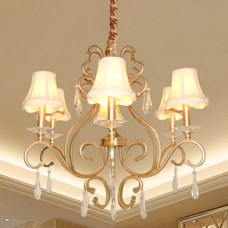 Fabric Shade Crystal Teardrop Chandelier Traditional 6-Bulb Hallway Ceiling Light in Gold Gold Clearhalo 'Ceiling Lights' 'Chandeliers' Lighting' options 1047317_aa46a7c0-b032-402f-842a-50dba250338d