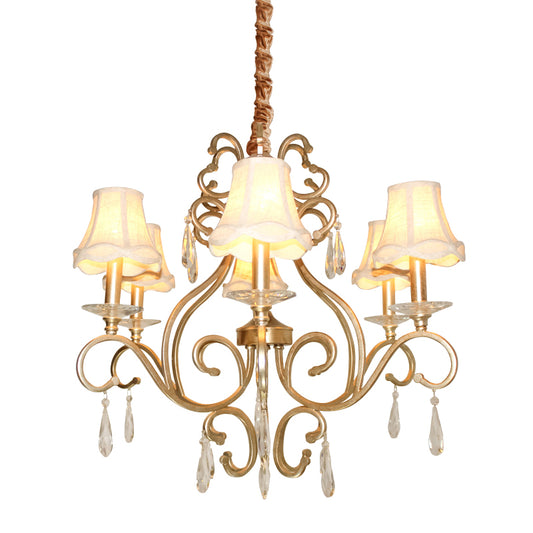 Fabric Shade Crystal Teardrop Chandelier Traditional 6-Bulb Hallway Ceiling Light in Gold Clearhalo 'Ceiling Lights' 'Chandeliers' Lighting' options 1047318