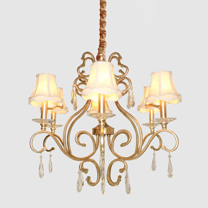 Fabric Shade Crystal Teardrop Chandelier Traditional 6-Bulb Hallway Ceiling Light in Gold Clearhalo 'Ceiling Lights' 'Chandeliers' Lighting' options 1047319