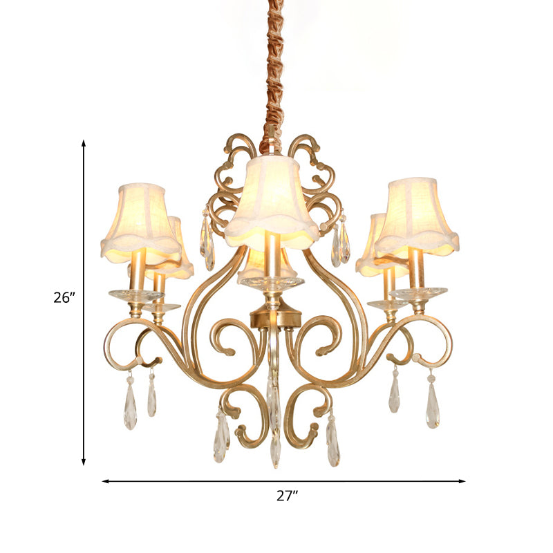 Fabric Shade Crystal Teardrop Chandelier Traditional 6-Bulb Hallway Ceiling Light in Gold Clearhalo 'Ceiling Lights' 'Chandeliers' Lighting' options 1047320