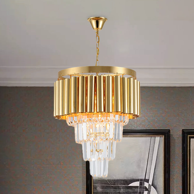 Crystal Flute Tapered Ceiling Chandelier Traditional 5 Bulbs Dining Room Suspension Light in Gold Gold Clearhalo 'Ceiling Lights' 'Chandeliers' Lighting' options 1047325_da64330b-fef7-45dc-b4d3-9adfee247272