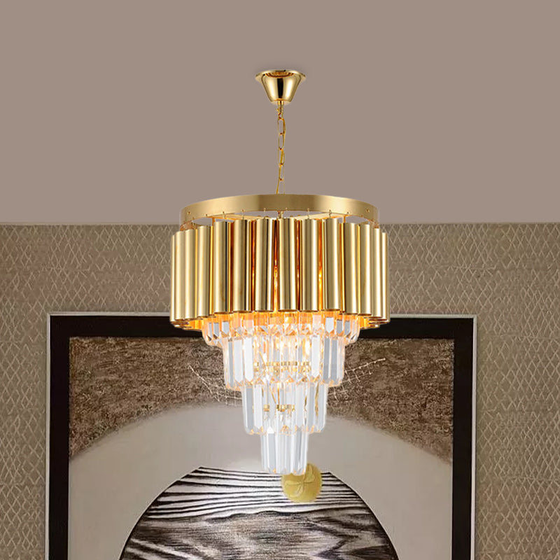 Crystal Flute Tapered Ceiling Chandelier Traditional 5 Bulbs Dining Room Suspension Light in Gold Clearhalo 'Ceiling Lights' 'Chandeliers' Lighting' options 1047326