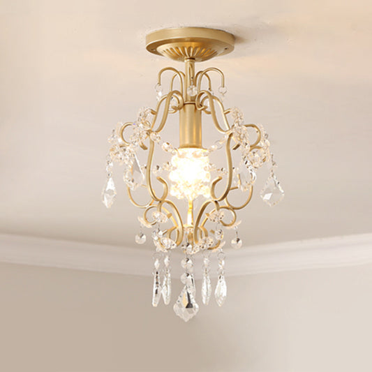 Gold Finish Scroll Semi Flush Lamp Fixture Modernist 1-Head Crystal Flush Mounted Light Clearhalo 'Ceiling Lights' 'Close To Ceiling Lights' 'Close to ceiling' 'Semi-flushmount' Lighting' 1047358