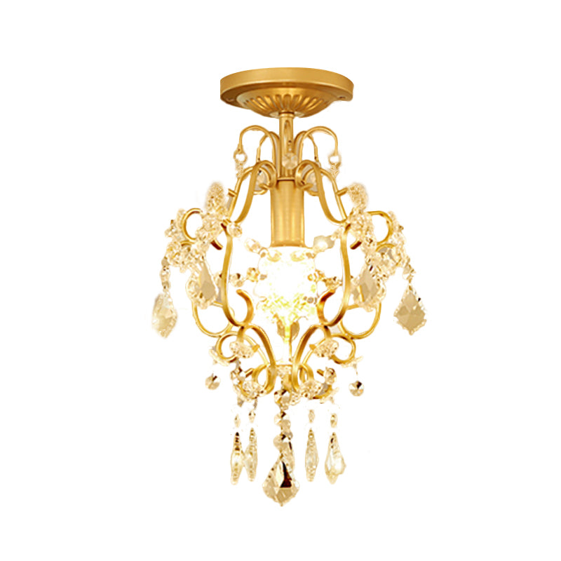 Gold Finish Scroll Semi Flush Lamp Fixture Modernist 1-Head Crystal Flush Mounted Light Clearhalo 'Ceiling Lights' 'Close To Ceiling Lights' 'Close to ceiling' 'Semi-flushmount' Lighting' 1047359