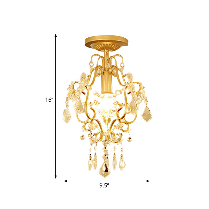 Gold Finish Scroll Semi Flush Lamp Fixture Modernist 1-Head Crystal Flush Mounted Light Clearhalo 'Ceiling Lights' 'Close To Ceiling Lights' 'Close to ceiling' 'Semi-flushmount' Lighting' 1047360