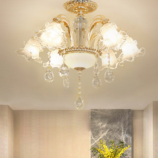 Hand-Cut K9 Crystal Flower Semi Flush Mid Century 6 Lights Bedroom Flush Ceiling Light Fixture in Gold Gold Clearhalo 'Ceiling Lights' 'Close To Ceiling Lights' 'Close to ceiling' 'Glass shade' 'Glass' 'Pendant Lights' 'Semi-flushmount' Lighting' 1047361