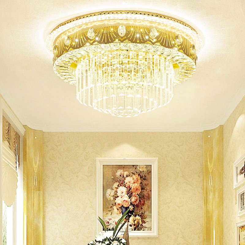 Tiered Drum Bedroom Flushmount Light Clear Crystal Rectangle LED Contemporary Flush Mount Fixture in Gold Gold Clearhalo 'Ceiling Lights' 'Close To Ceiling Lights' 'Close to ceiling' 'Flush mount' Lighting' 1047365