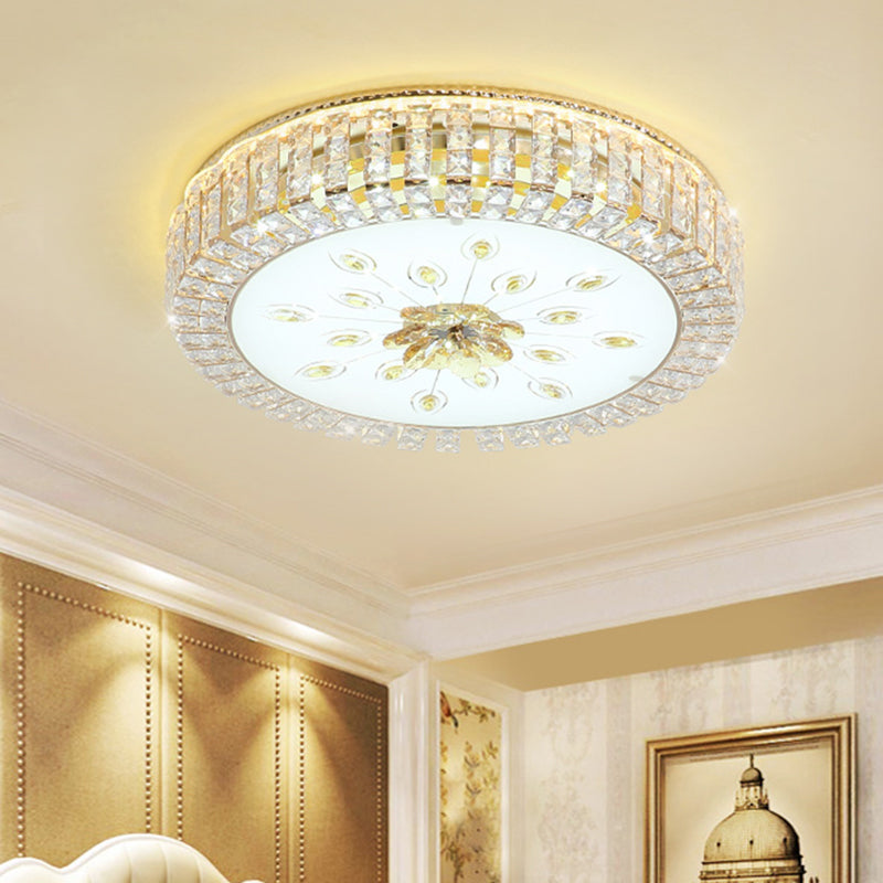 Gold Finish Drum Ceiling Mounted Lamp Modernist LED Crystal-Block Flush Lighting for Bedroom Clearhalo 'Ceiling Lights' 'Close To Ceiling Lights' 'Close to ceiling' 'Flush mount' Lighting' 1047423