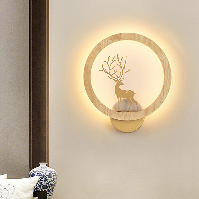 Wood Halo Ring Mural Lighting Contemporary Black/Beige LED Wall Sconce with Sika Deer Silhouette Wood Clearhalo 'Wall Lamps & Sconces' 'Wall Lights' Lighting' 1047426