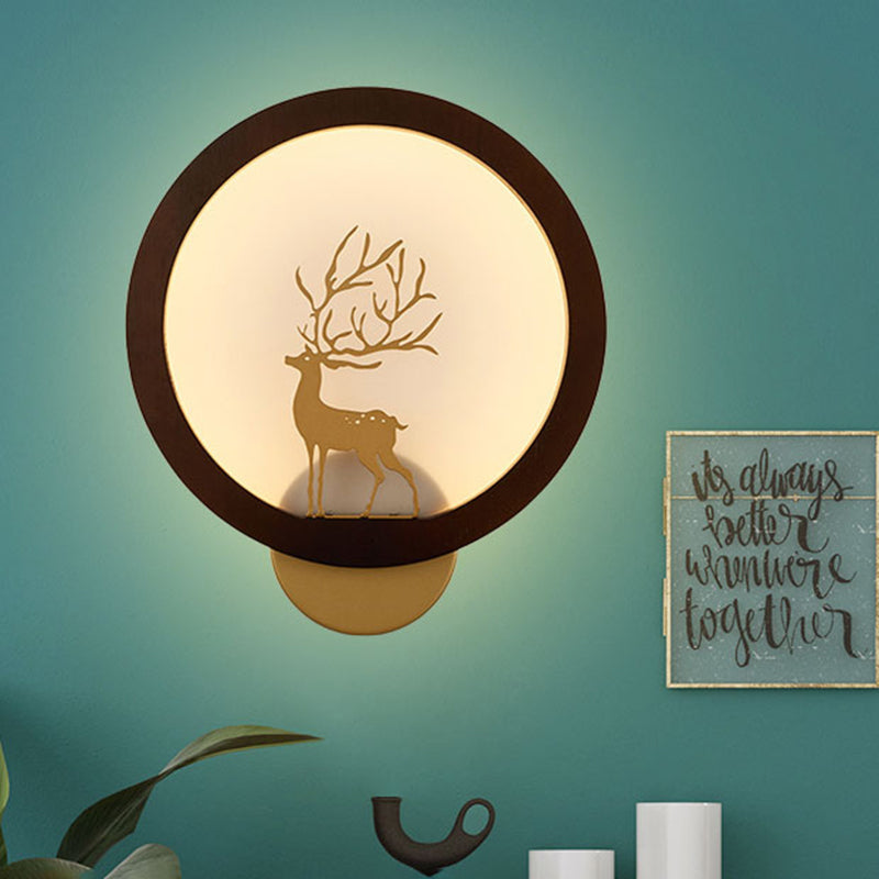 Wood Halo Ring Mural Lighting Contemporary Black/Beige LED Wall Sconce with Sika Deer Silhouette Black Clearhalo 'Wall Lamps & Sconces' 'Wall Lights' Lighting' 1047430